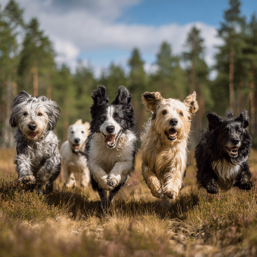 Perros corriendo en el bosque